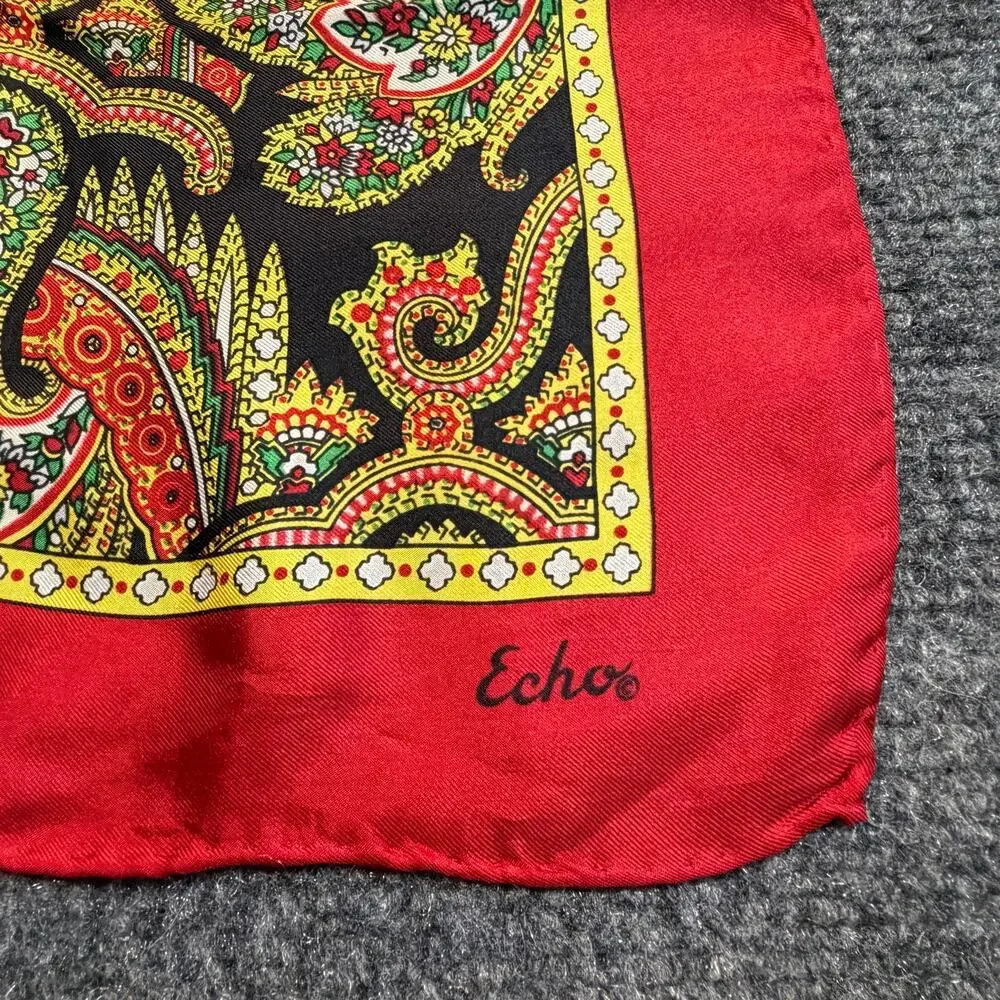 Vintage Echo Silk Scarf Red Border Paisley Square Hand Rolled Wrap Cottagecore